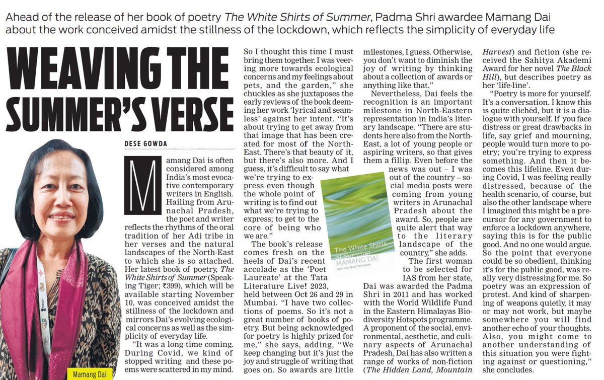 Ahead of the release of her book The White Shirts of Summer, Padma Shri awardee and Arunachal-based writer Mamang Dai talks to @dese_gowda about the work conceived amidst the stillness of the lockdown, which reflects the simplicity of everyday life newindianexpress.com/cities/kochi/2…