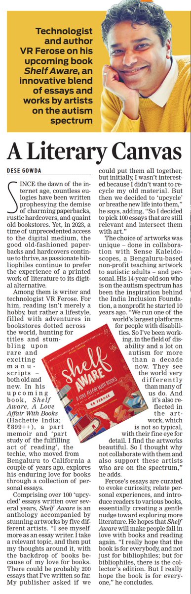 Technologist and author @VRFerose speaks to @dese_gowda about his upcoming book #ShelfAware, an innovative blend of essays and works by artists on the autism spectrum newindianexpress.com/cities/bengalu…