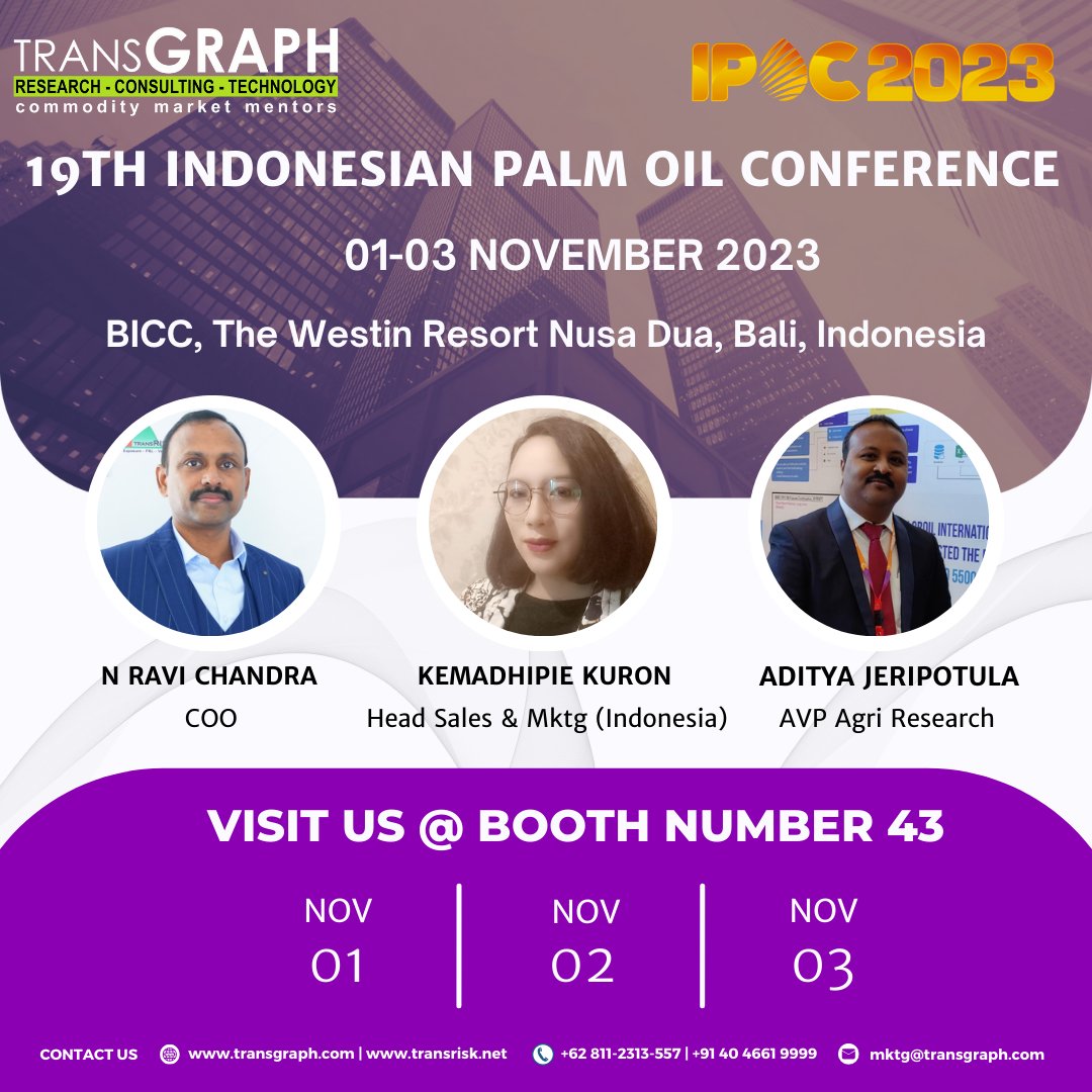 TransGraph_'s tweet photo. 🌴Ready to supercharge your business growth? Join us at booth Number 43 during the @GAPKI_IPOA @gapki_ipoc Indonesian Palm Oil Conference 2023 and meet #TeamTransGraph! 🚀✨

#ipoc #indonesian #palmoil #commodities #bali https://t.co/3LgeFkzuOf