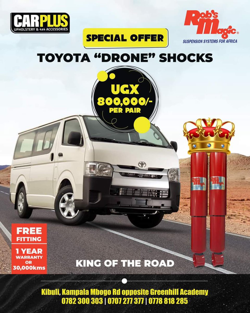 CarPlusUGANDA's tweet photo. Christmas comes early for the legendary Drone with this amazing offer on heavy duty long lasting shock absorbers.🎉🎉🎉 
Grab the offer and enjoy free fitting with every purchase.

☎️0782300303 |0707277377 | 0778818285
#carplus https://t.co/X8Tkuk8RAg