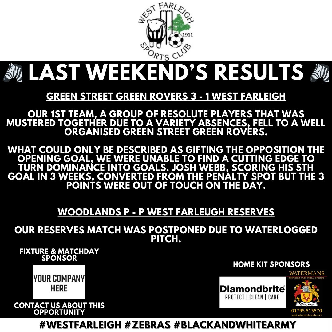 🦓 This Weekend’s Results! 🦓

Green Street Green Rovers 3 - 1 West Farleigh

Woodlands P - P West Farleugh Reserves

#WestFarleigh #Zebras #BlackAndWhiteArmy #Football #Kent #Maidstone
