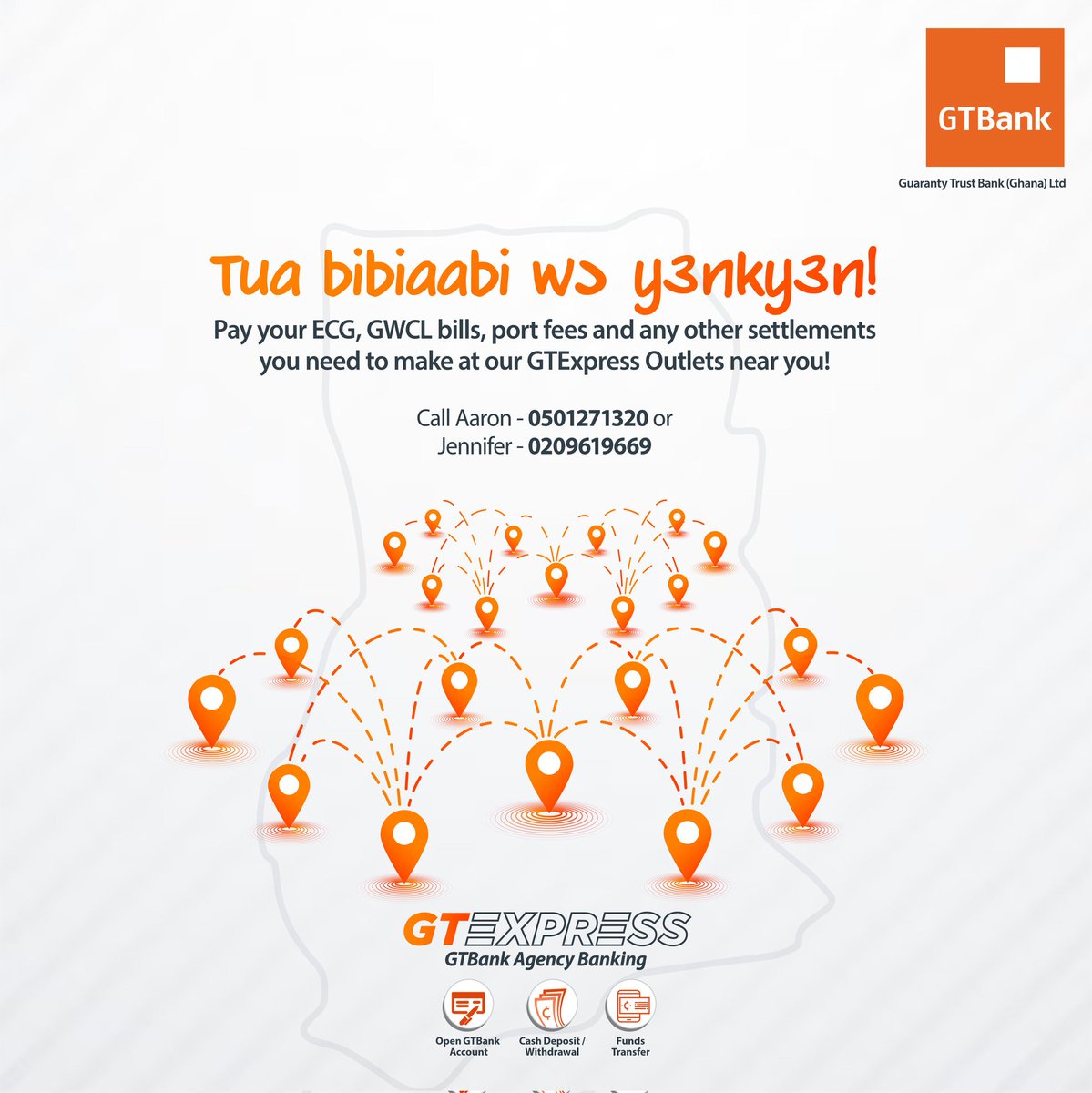 GTBankGhana's tweet photo. Visit any of our GTExpress Outlets dotted across the length and breadth of Ghana to settle your bills and payments.
#GTExpress
#GTBankgh
#EasySimplyDoesIt https://t.co/PNqQfYTPMq