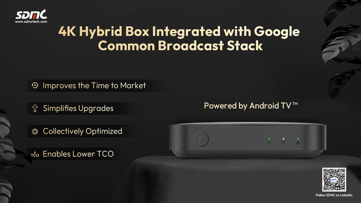 sdmctech's tweet photo. 🚀 Introducing the 4K Hybrid #AndroidTV #SetTopBox. Designed for high-performance OTT/IPTV and Digital TV, this device redefines the streaming experience.

Don't miss the chance to learn how #SDMC enable operators to personalize their service experience: https://t.co/M4qXCwJsWP https://t.co/cIc9aPOsWY