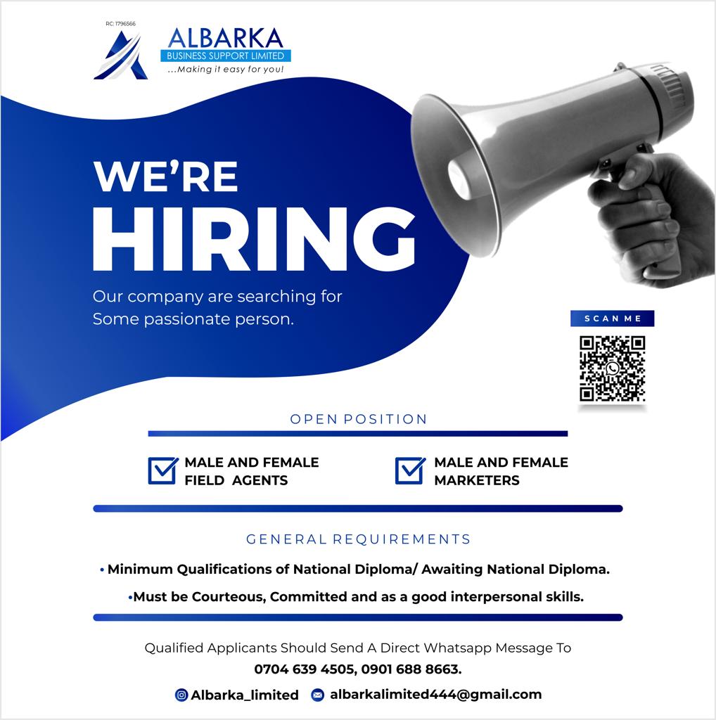 AlbarkaLtd's tweet photo. We're Hiring.

We are seeking a passionate individual, to join our reputable and fast growing Financial Organization.

Kindly, see the graphics for more details.

#Employment https://t.co/8JXnSPLPE6