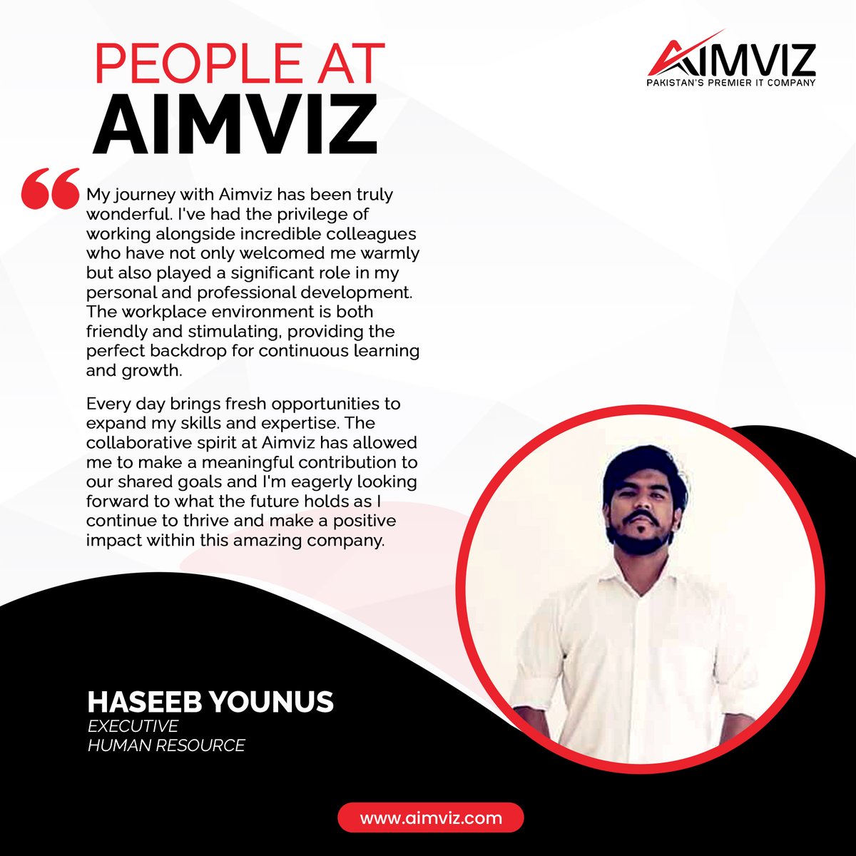 AimvizOfficial's tweet photo. Let's take a moment to celebrate Haseeb Yunus, whose journey at Aimviz has been nothing short of extraordinary! His dedication, professionalism, and personal approach have elevated our HR department, making it an indispensable pillar of support. 

#AimvizTalent #PeopleatAimviz https://t.co/x59KkuhLqv