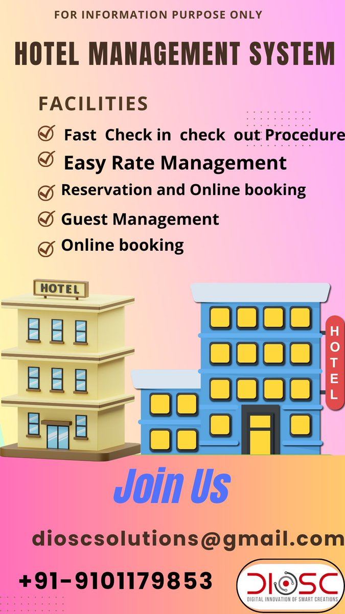 Dioscsolutions's tweet image. Our hotel management system will be provided with :

1. Reservation and room management.
2. Guest profiles and billing.
3. Inventory and point of sale (POS).
4. Housekeeping and staff management.
5. Reporting, online booking, and guest services.
#DioscSolutions
#HotelManagement