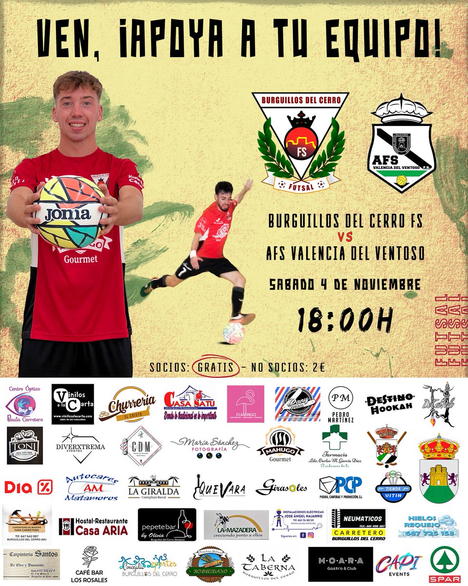 🅿🆁🅾🆇🅸🅼🅾 🅿🅰🆁🆃🅸🅳🅾
🟥⬛🟥⬛🟥⬛🟥
🅹🆄🅶🅰🅼🅾🆂 🅴🅽 🅲🅰🆂🅰 !!

🏆 LIGA PROVINCIAL FS 🏆
PRIMERA DIVISIÓN EXT. G1

⚽ <a href="/FedExFutbol/">Fexfutbol</a> 🟢⚪⚫

🔜 J5

     <a href="/burguifutsal/">futsalburguillosdelcerro</a>
               🆚 
      AFS VALENCIA V.

📆 SÁBADO 4 NOV.

🕕 18:00 hrs.

🏟️ PABELLÓN MUNICIPAL.