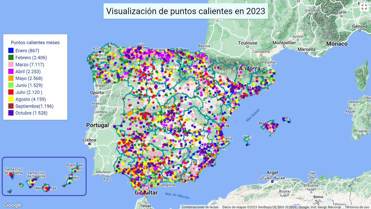 Mikelaika's tweet photo. Actualización octubre APP puntos calientes FIRMS
@NASA_es 2023 España.
➡️
https://t.co/FFhTpKTbeO
Altas temperaturas primera quincena influyeron #IF.
Ejemplos #IFSaler #IFArafoCandelaria
@IncendiosES
@El_Batefuegos
@proteccioncivil
@AT_Brif
@eforestal https://t.co/huYrDHkxV2