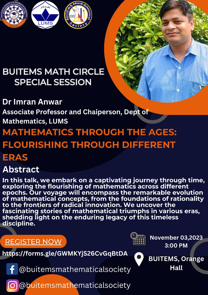 buitemsmath21's tweet photo. Introducing a special session of Math circle, with the well-qualified teachers of LUMS, Dr Imran Anwaar and Dr Adnan, whose study will make  math more fun and understanding. Make sure to avail the opportunity and be at the venue.
https://t.co/mCup48u6A9 https://t.co/ugIdxWr5sA