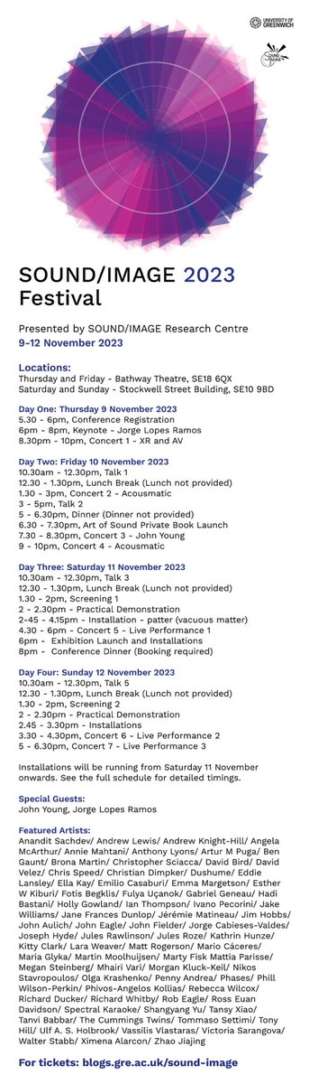 ⚠️ SOUND/IMAGE 2023 Festival is nearly here! A 4-day festival from 9-12 November at the @UniofGreenwich of concerts, screenings, installations, talks, practical demos 🙌 Take a look at the line-up of artists + schedule ⬇️ #soundimage23