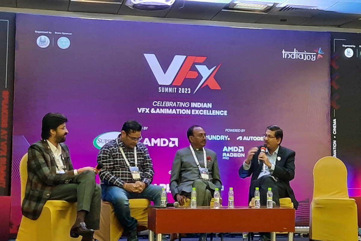 KumarShaju's tweet photo. India Joy vfx summit 2023 Day-1 
Panel discussion on National and International Media &amp; Entertainment education. Building the synergy and bringing awareness among the students to look at career opportunities in Media and entertainment sector.
#VFXSummit2023 #cinematica #skilling https://t.co/CqWz1vIJfl
