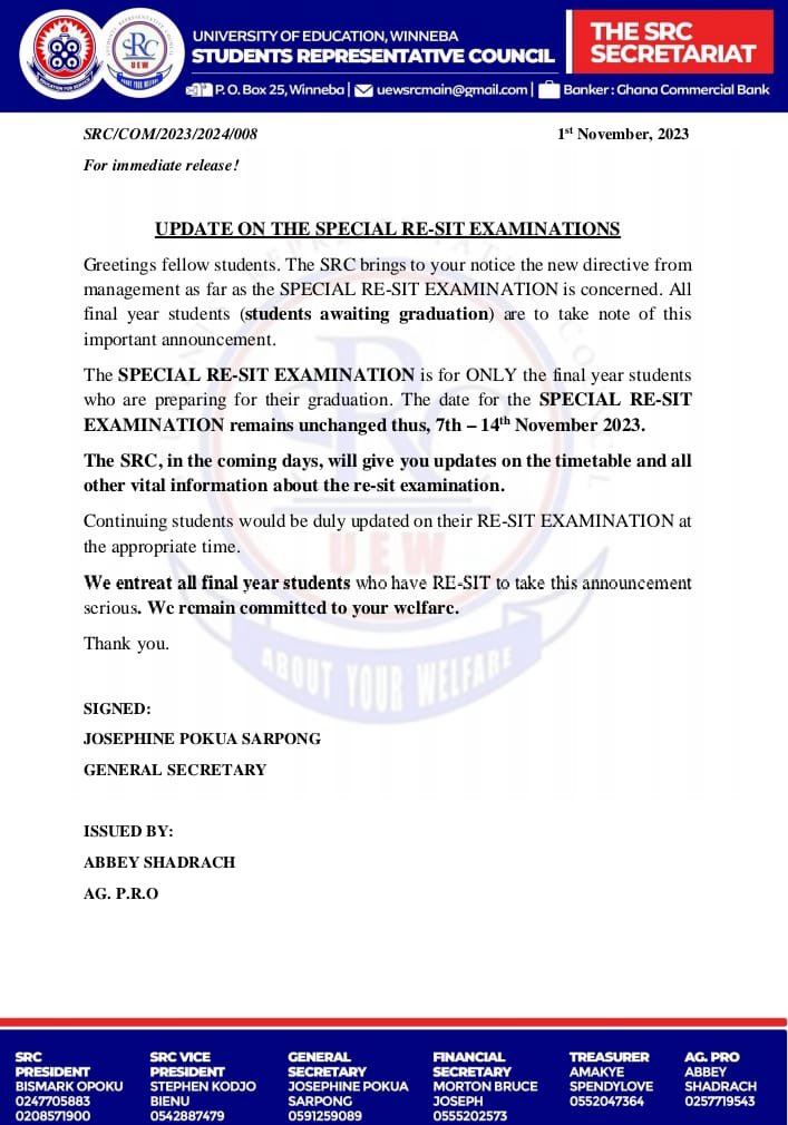 Special Re-Sit examination to be conducted for only final year students 

<a href="/uew_official/">University of Education, Winneba</a> <a href="/VoiceOfUEW/">𝐕𝐨𝐢𝐜𝐞 𝐎𝐟 𝐔𝐄𝐖</a> <a href="/UewLiveUpdates/">UEW_Live_Updates</a> <a href="/uew_daily/">uew_daily</a>