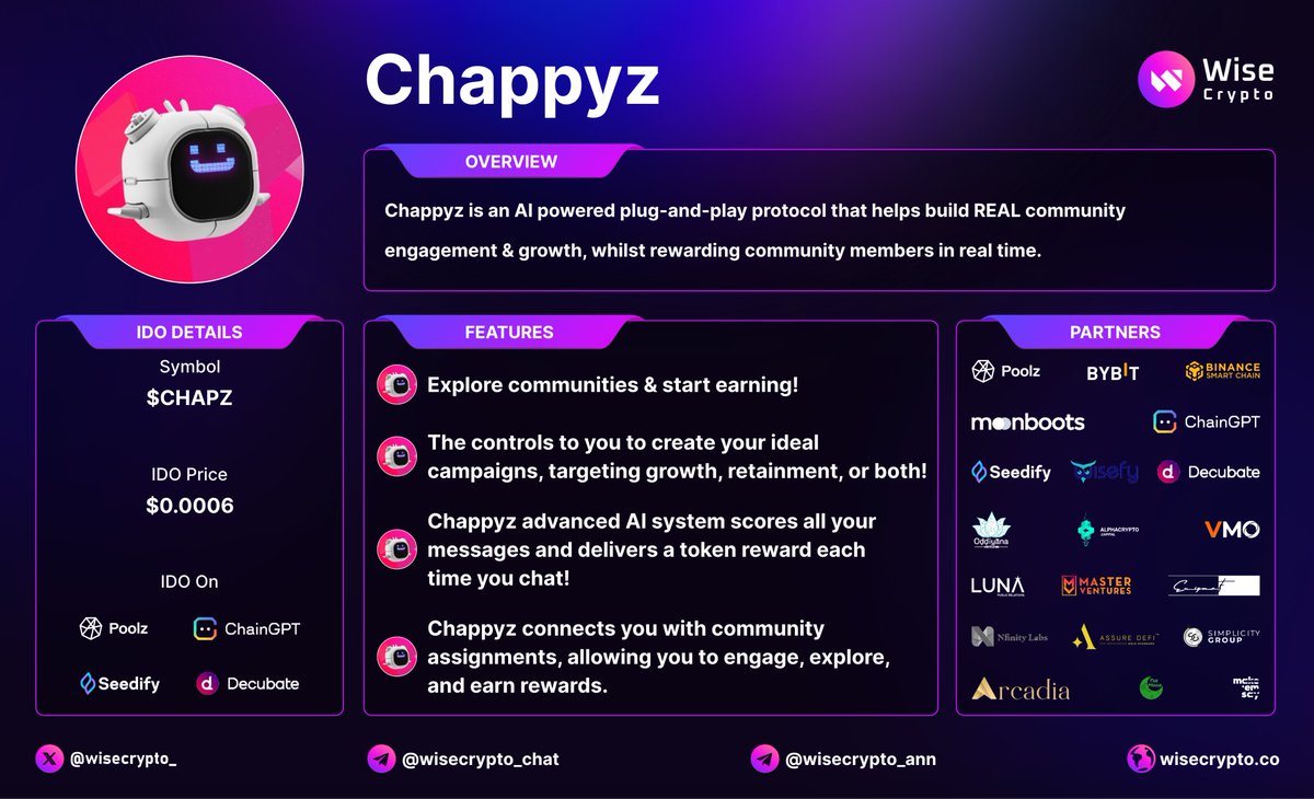 WiseCrypto_'s tweet image. 🚀 Here is our overview of @Chappyzcom

ℹ️ Chappyz is an AI-powered Protocol and BOT.

✅ IDO On  : @Poolz__ @SeedifyFund @ChainGPT_Pad @decubate
✅ IDO Price : $0.0006
✅ TGE MC : $181,500

#IDO #CHAPZ #WISECRYPTO #POOLX