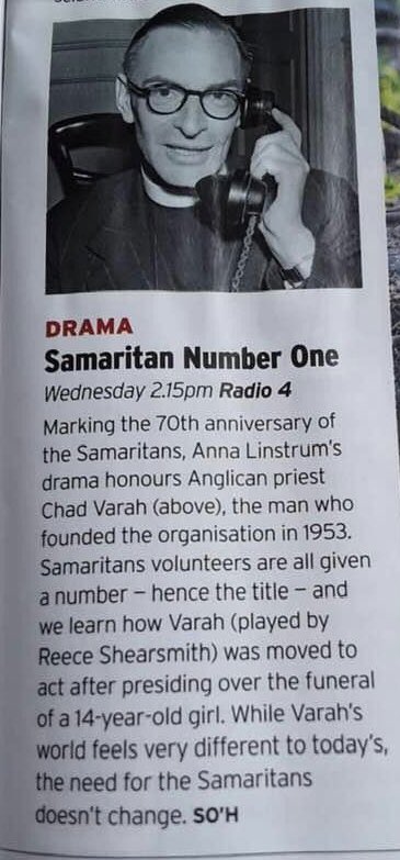 Emma Harding (@emmaharding01) on Twitter photo Samaritan Number One, 2.15pm Wed 1 Nov <a href="/BBCRadio4/">BBC Radio 4</a> -new drama by Anna Linstrum tells the story of the visionary, unorthodox Chad Varah, who founded <a href="/samaritans/">Samaritans</a> 70 years ago. Stars <a href="/ReeceShearsmith/">This is NOT</a> <a href="/Kerry_Gooderson/">Kerry Gooderson #FBPE</a> <a href="/Rachel__Harper/">Rachel Harper</a> <a href="/killipevie/">Evie Killip</a> & <a href="/DavidMoorst/">David Moorst</a> bbc.co.uk/programmes/m00… Samaritan Number One, 2.15pm Wed 1 Nov <a href="/BBCRadio4/">BBC Radio 4</a> -new drama by Anna Linstrum tells the story of the visionary, unorthodox Chad Varah, who founded <a href="/samaritans/">Samaritans</a> 70 years ago. Stars <a href="/ReeceShearsmith/">This is NOT</a> <a href="/Kerry_Gooderson/">Kerry Gooderson #FBPE</a> <a href="/Rachel__Harper/">Rachel Harper</a> <a href="/killipevie/">Evie Killip</a> & <a href="/DavidMoorst/">David Moorst</a> bbc.co.uk/programmes/m00…