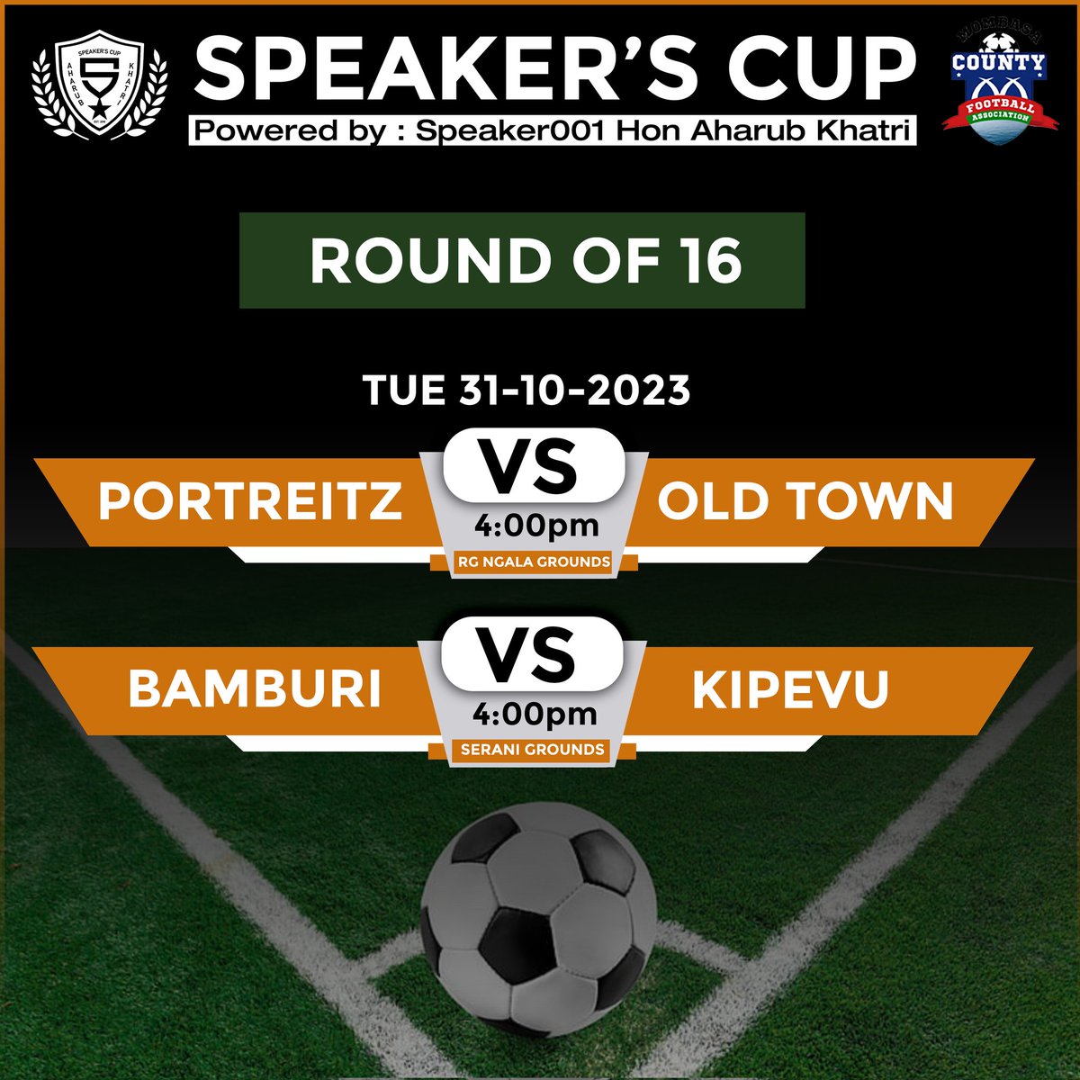 AroroCup's tweet photo. MOMBASA COUNTY SPEAKER'S CUP TOURNAMENT ⚽⚽⚽.
Yesterday's round of 16 match results ⚽⚽⚽⚽

1 Portreitz 0-1 Old Town

2 Bamburi 2-0 Kipevu

#Aroro1
#Cvilizer Jeshi
#Kuzatalanta https://t.co/IFNyAdNRHy