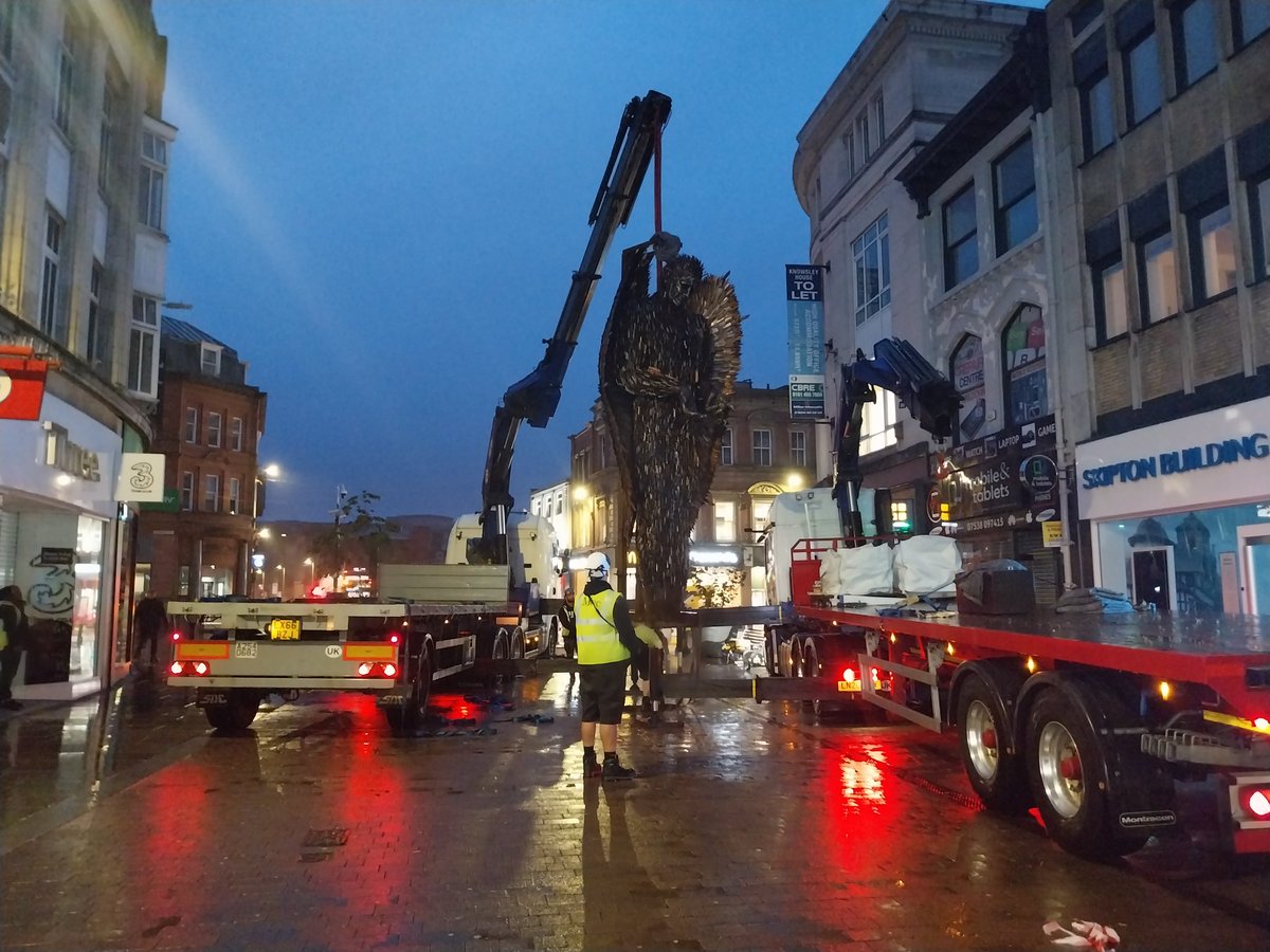 Very wet morning filming the installation of the Knife Angel #knifeangel @boltoncouncil