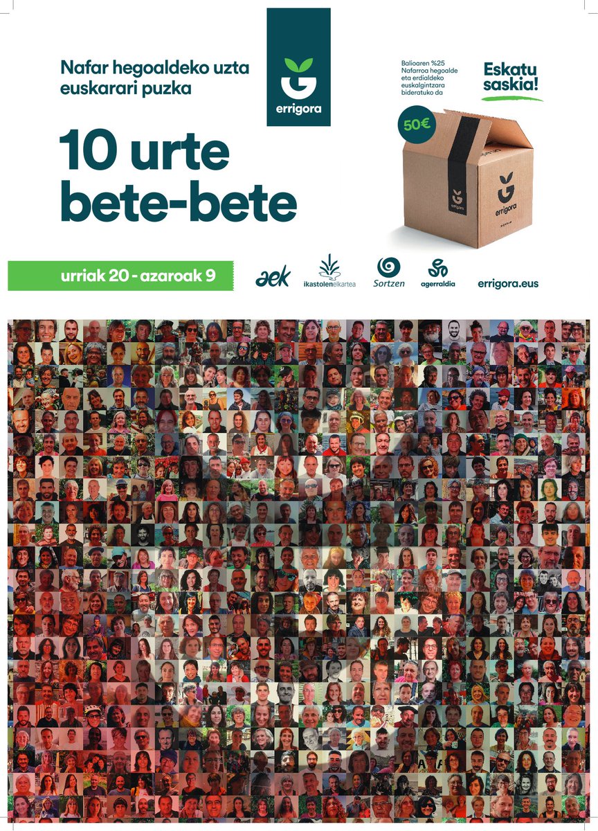 Errigora. 10 urte bete-bete. Eskatu Nafarroako ekoizleen produktuz beteriko saskia eta egin ekarpena Nafarroa erdialde eta hegoaldeko euskalgintzari.

💻Eskaerak: errigora.eus
📅Azaroaren 9ra arte
📍Banaketa gunea Urretxu-Zumarraga Ikastola

<a href="/errigora/">ERRIGORA</a> 
<a href="/EHIkastolak/">Ikastolen Elkartea</a>