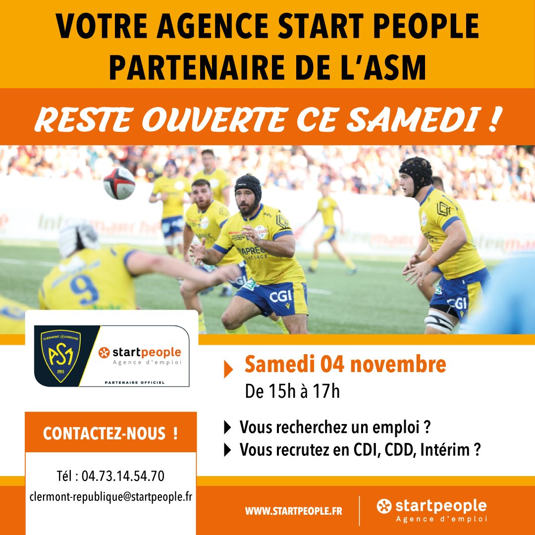 ASM Rugby (@asmofficiel) on Twitter photo Vous êtes à la recherche d’un emploi ? Vous recrutez ?
Profitez de votre venue au Michelin lors de la rencontre face à Bayonne pour aller rencontrer les conseillers <a href="/StartPeopleFRA/">Start People France</a> , partenaire officiel de l’ASM Clermont Auvergne. L’agence d’emploi située sur le parvis du stade Vous êtes à la recherche d’un emploi ? Vous recrutez ?
Profitez de votre venue au Michelin lors de la rencontre face à Bayonne pour aller rencontrer les conseillers <a href="/StartPeopleFRA/">Start People France</a> , partenaire officiel de l’ASM Clermont Auvergne. L’agence d’emploi située sur le parvis du stade