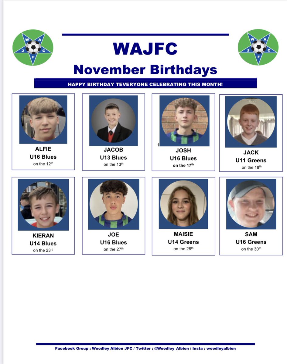 Happy Birthday to all our players celebrating this month - hope you all have a fab time 🥳 #novemberbirthdays #teamwoodleyalbion⚽️💙💚⚽️