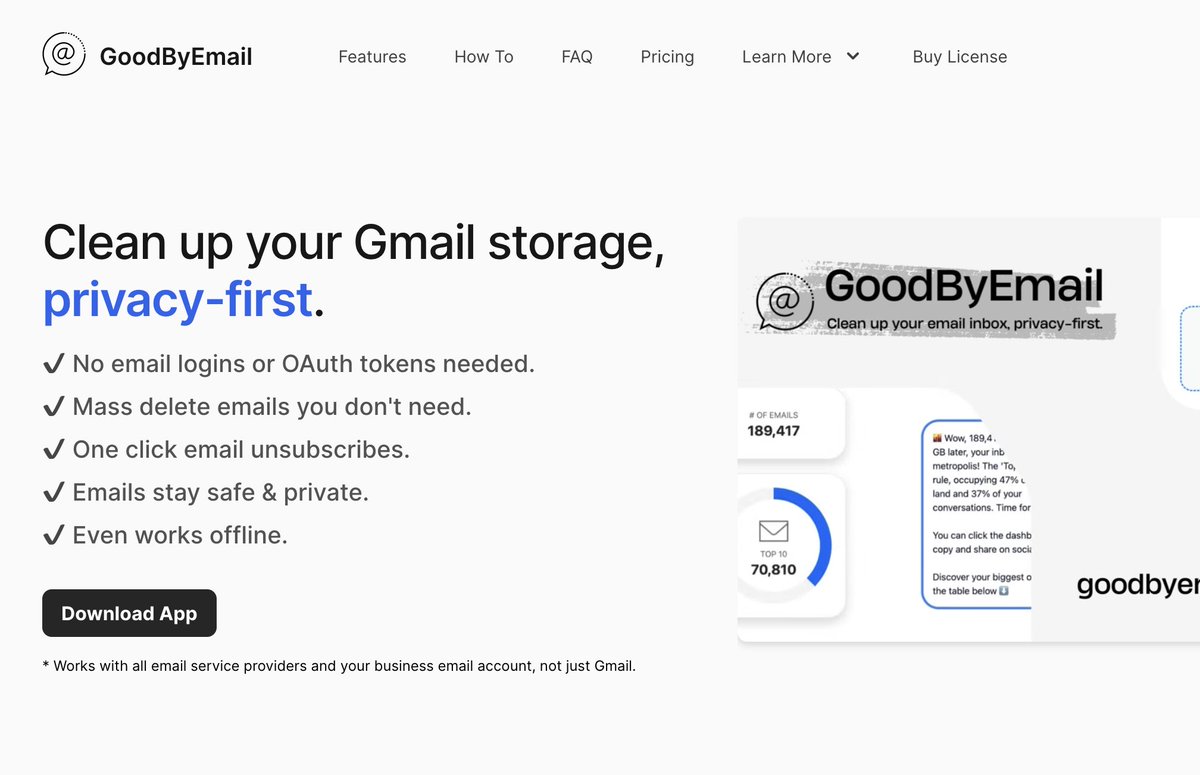 JamesIvings's tweet photo. I just got notified of a new indie competitor for us - @goodbyemail ✨

It looks really good! Loving the extra privacy focus, I wish more indie projects did this 🔥

Good work @alexeskinasy and @celue 🙌 https://t.co/qXOxVLUGQM