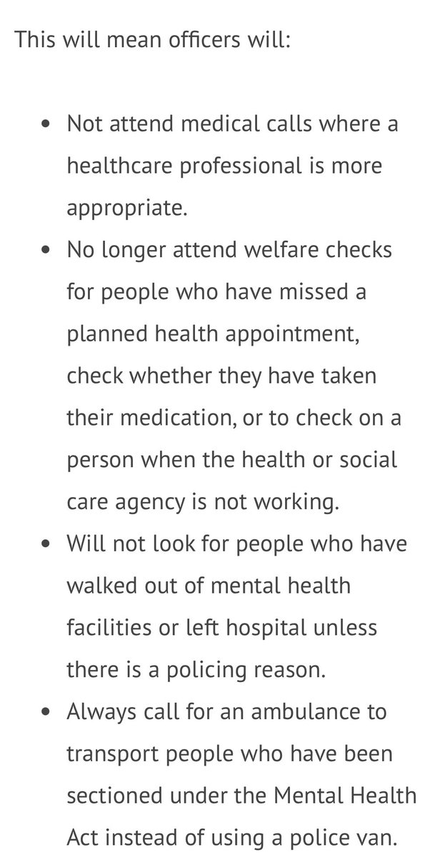 emilyltownsend's tweet image. Right care, right person launches in London today 

Means police will limit calls they respond to (see pic)

NHS says 8 in 10 people sectioned would benefit more from community support than hospital admission

Key test will be if community services (where available) have capacity