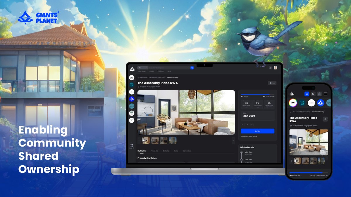 🏘️ PROJECT REVEAL: The Assembly Place

Offering community shared ownership via financially-rewarding #RWA project (Returns ~50% per annum)

Mint Details
• Supply: 2000
• Price: TBA in AMA
• Date: ?
Exclusively available on Giants Planet Marketplace

💎 Like, RT &amp; Follow for WL