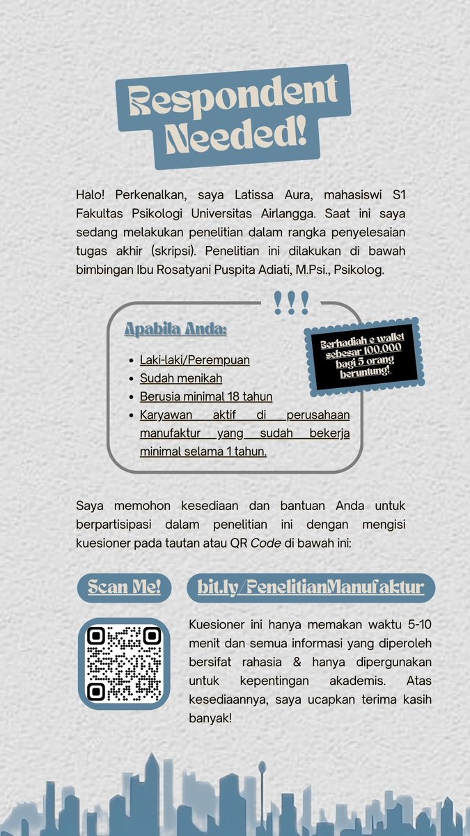 louthetic's tweet photo. [HELP RT]  
Halo! Saya Latissa Mahasiswa Psikologi Universitas Airlangga.    

Mohon bantuan untuk mengisi kuesioner skripsi saya. 1 respon/RT sangat berarti &amp; terdapat 100.000 untuk 5 org beruntung!
Link: https://t.co/VnCGqcF2tc

@hrdfess @txtkarir @ignasiusryan @aMrazing
tysm🙏🏻 https://t.co/4j6FeNeeiH