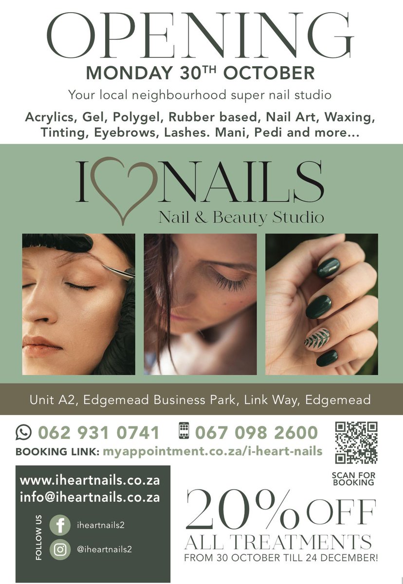 Lee_Downs's tweet photo. We're open! We've got experienced therapists and the best prices. Plus, get a further 20% off all treatments till Christmas! 
Bookings:https://t.co/trxPnSn8Ce
Website: https://t.co/NAhaFCp6aJ
I Heart Nails, A2 Edgemead Business Park, Link Way, Edgemead
Ph:0629310741 https://t.co/2HVxGXp3kK