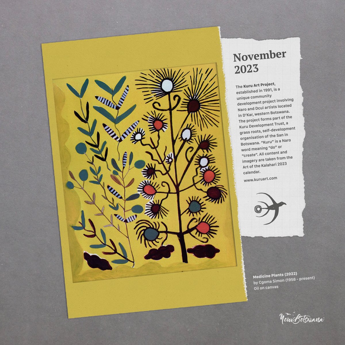 November celebration of Botswana arts and culture. Contemporary bushmen art from the Kuru Art Project in Botswana. Imagery taken from the Art of the Kalahari 2023 calendar. 

#botswana #art #culture #contemporary #bushmen #project #calendar #finearts #artist #creative #africa