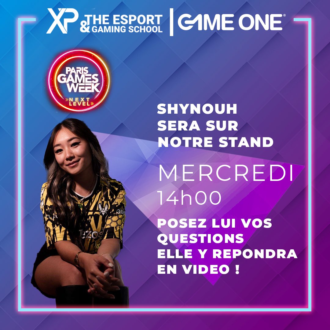 gameone's tweet photo. Ce mercredi 1er novembre à 14h à la PGW, venez rencontrer @shynouh sur le stand Game One et le photocall de l’école @xp_esport !
Si vous avez des questions, posez les sous ce tweet et elle y répondra en direct ! #TEAMG1 #PGW #XPSchool https://t.co/uz9kqcGYuk