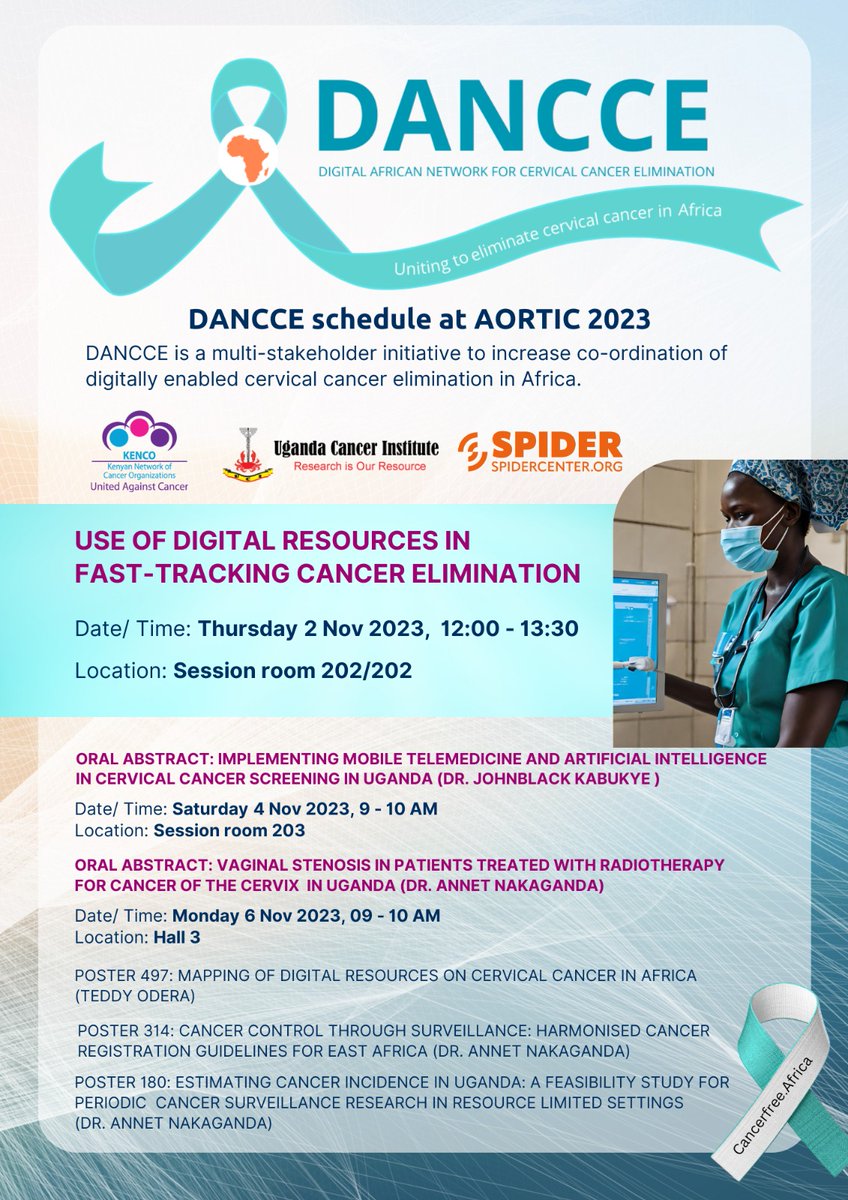 Join @kenconetwork and esteemed partners @Spidercenter, @UgandaCancerIns at the AORTIC International Conference 2023 in Dakar, Senegal, hosted by @AORTIC_AFRICA. Join us at the special session by Digital African Network for Cervical Cancer Elimination (DANCCE) on Thursday, Nov 2
