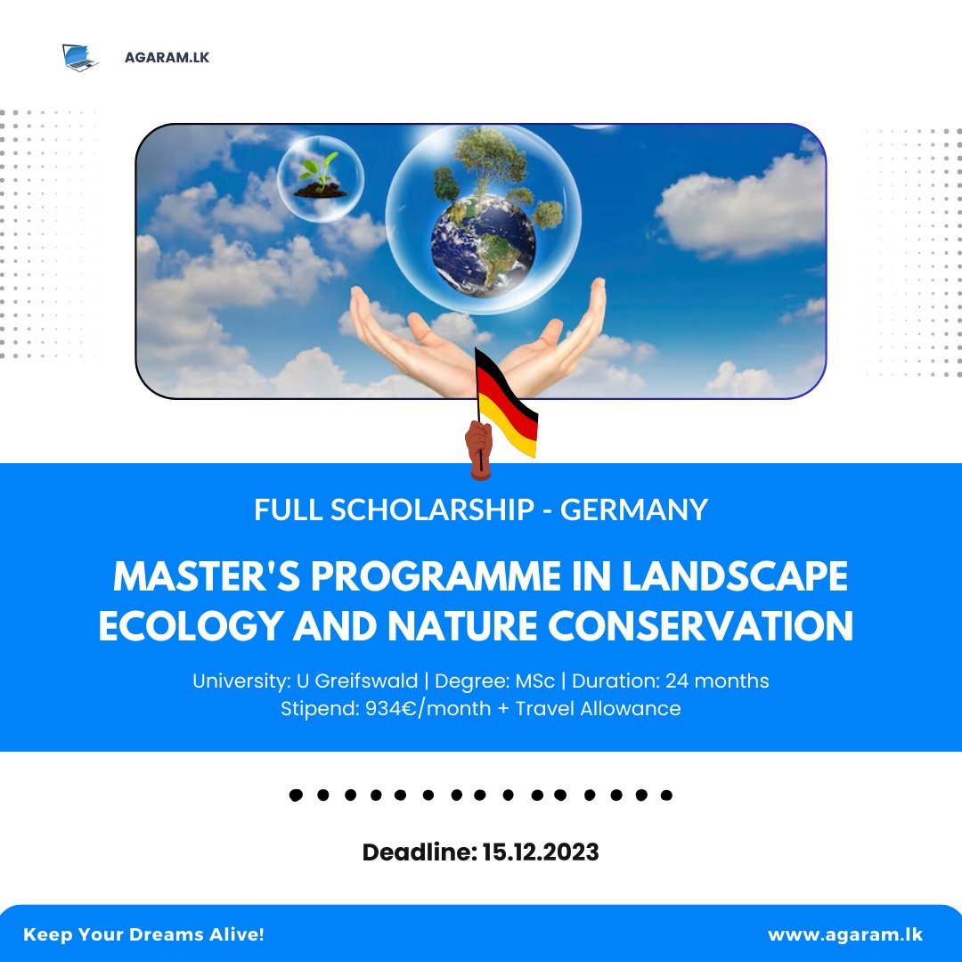 agaramlanka's tweet photo. Master's in Landscape Ecology and Nature Conservation with DAAD Scholarship

For more information:
https://t.co/BOVL1A2d5d

#ConservationResearch #LandscapeEcology #NatureProtection #MasterProgram #DAADScholarship #CareerOpportunities #UGreifswald https://t.co/IzHnlhALcA