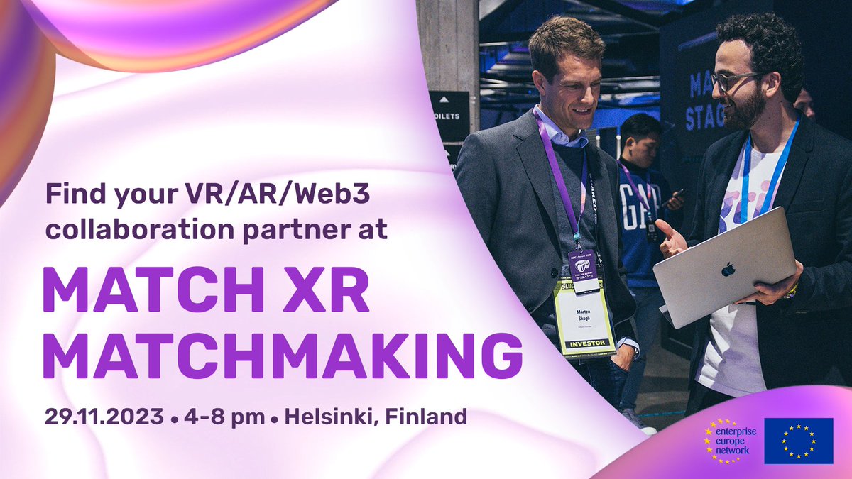 Find your new collaboration partner in the field of #XR #VR #AR #AI #Web3 by taking part in the #matchmaking sessions at the #MatchXR2023 event!🤝

Sign up &amp; start booking meetings right away!
👉 b2match.com/e/match-xr-202…

Organizer: <a href="/EENfi/">EEN Suomi</a>

#techevent #networking #EmergingTech