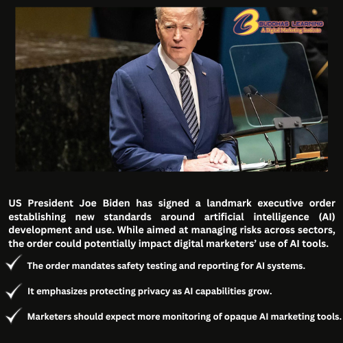 BuddhasLearning's tweet photo. US President Joe Biden signing a landmark executive order establishing new standards around artificial intelligence (AI) development and use. 
#seo #AI #artificialintelligence #bidenonai #buddhaslearning https://t.co/X4eck4NPoR