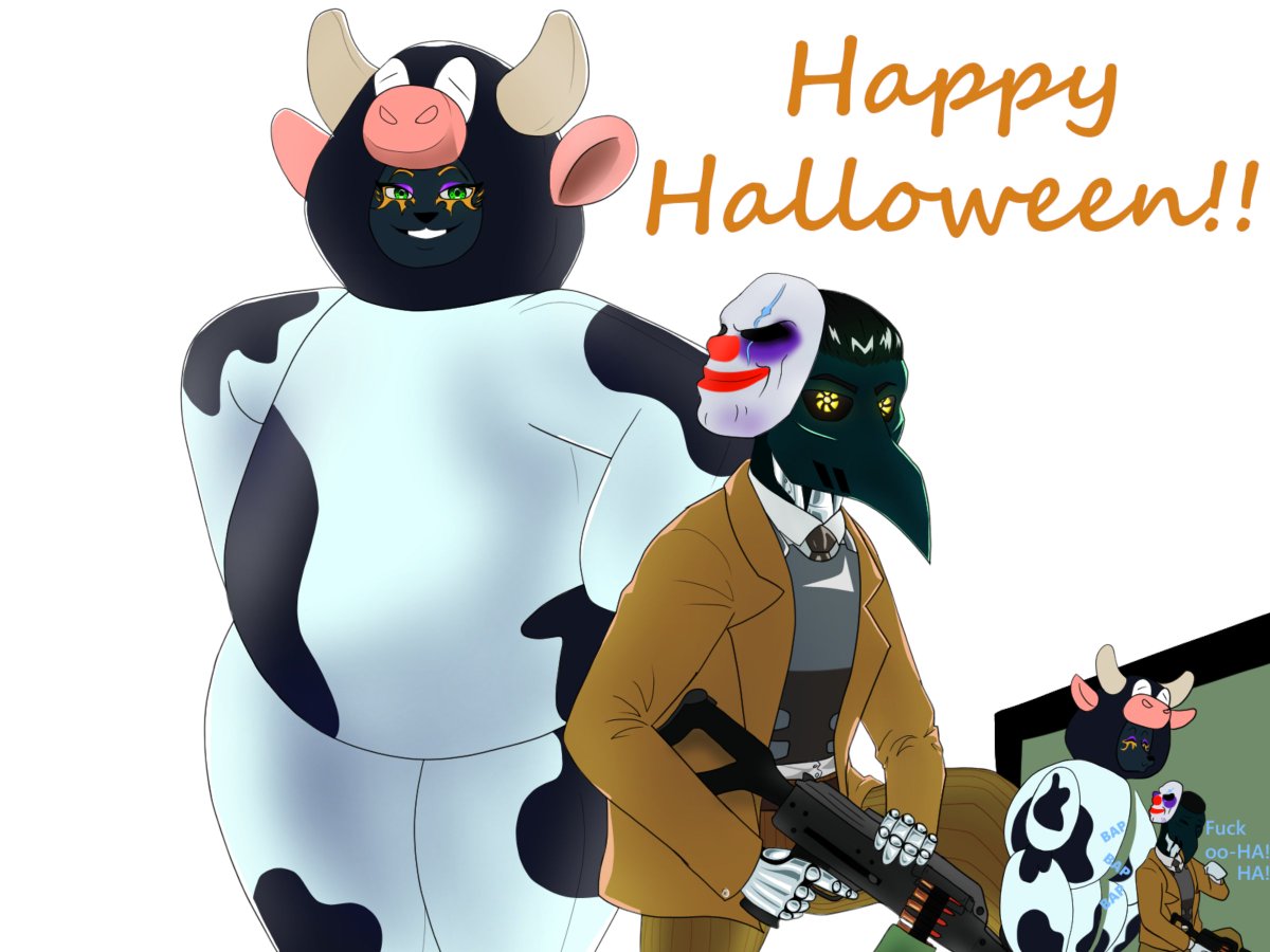 StickystoneArts's tweet photo. Late but Happy Halloween!

#HappyHalloween #Halloween #Nuru #Oseye #Nuru_Oseye #Apocrypha_Stone #Payday_2 #Chains_Cosplay #Inflatable_Cow #furryartwork #Furry #Anthro #FurryArt https://t.co/6mEADAHPVK