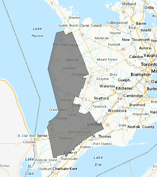 511Ontario's tweet photo. Winter weather travel advisory for southwestern Ontario: local snowfall amounts of 5 to 15 cm. The stretch of #HWY402 between #Watford and north of #Strathroy and #HWY21 between #PortElgin and #KettlePoint will be affected. https://t.co/hWkXT4N6xw #ONStorm https://t.co/qfGaEsLSJT