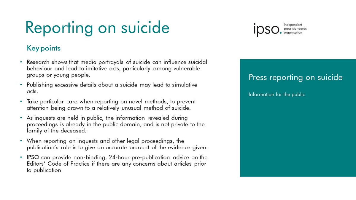 IPSO has launched Guidance for Journalists on Reporting on Suicide and Information for the public on press reporting of #suicide. For #guidance visit ipso.co.uk/media/2439/rep… and for public information see ipso.co.uk/media/2440/sui…