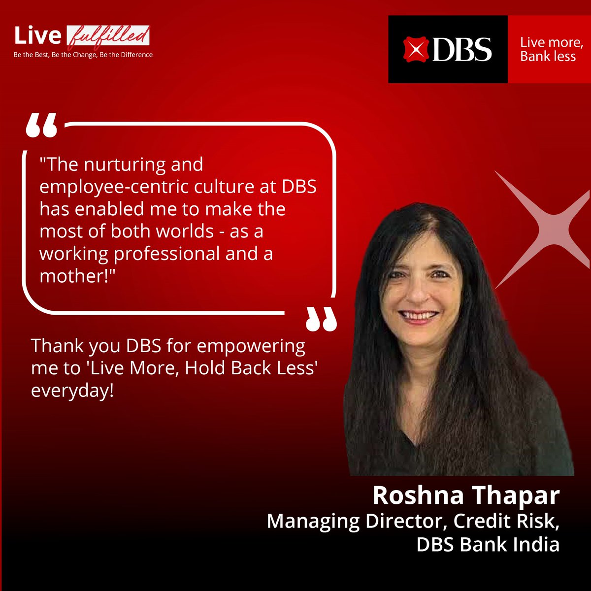 DBSBankIndia's tweet photo. As a #DBSBankIndia pioneer since 1995, Roshna truly embodies the DBS spirit of embracing agility and nurturing a growth-oriented mindset, while also empowering her team and colleagues to adopt these cornerstones of success.
#LiveMoreBankLess #GrowWithDBS #LiveFulfilled https://t.co/yRJ5iTwmyH