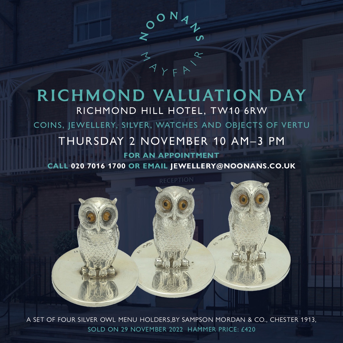 TOMORROW! 10am - 3pm!⁠
Our #COINS #JEWELLERY #SILVER #WATCHES⁠ #OBJECTSOFVERTU
#VALUATIONDAY⁠
⁠
at RICHMOND HILL HOTEL, Richmond-on-Thames⁠
TW10 6RW⁠
⁠
Thursday 2nd November 10am - 3pm⁠
#Richmond #richmondonthames⁠
⁠
noonans.co.uk/news-and-event…