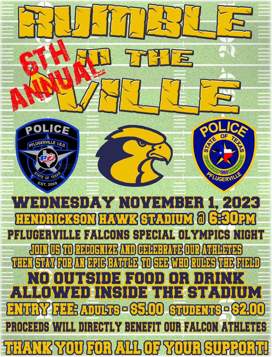 LET’S GET READY TO RUMBLE! Join us this evening at Hawk stadium. @Pf_Police @pfisd_police @PfISDAthletics @HawkNationHHS