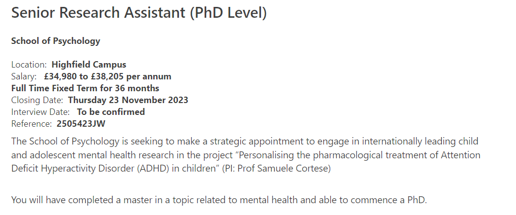 ⚠️⚠️⚠️I'm hiring ⚠️⚠️⚠️ Please consider applying for this position of Senior Research Assistant (PhD Level) to work with my team on an exciting project involving electronic health records (#EHR) in #ADHD DEADLINE: 23 November 2023 jobs.soton.ac.uk/Vacancy.aspx?r…