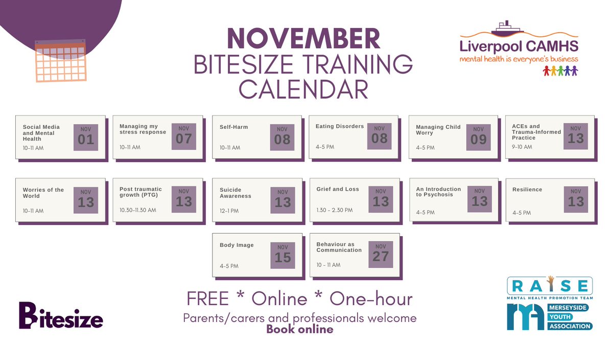 LivCYPMHealth's tweet photo. Coming up in this month's #LivCAMHS bitesize training calendar. 
FREE for anyone caring for or working with children and young people. 
Visit the full calendar and book here > https://t.co/99P7MxE1MN
#MentalHealthTraining #ChildrenMentalHealth #NHSTraining https://t.co/153dzX1u1g