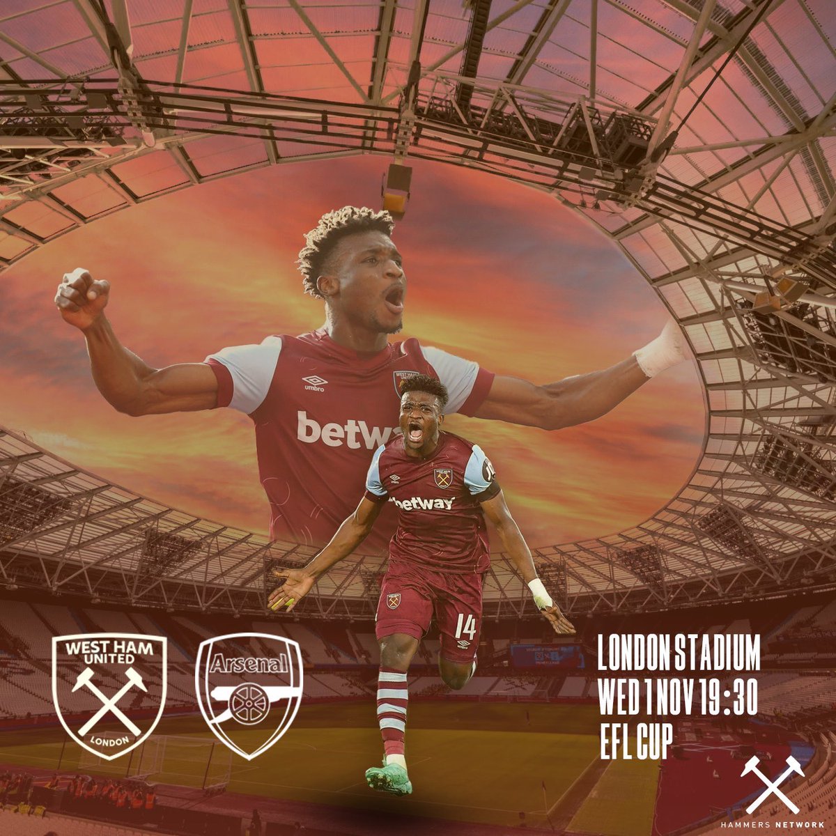 HammersNetwork's tweet photo. MATCHDAY!

🆚 Arsenal
🏟️ London Stadium
⏰ 19:30 BST
📺 Sky Sports

COME ON YOU IRONS ⚒️ https://t.co/Ims6yjRtvi