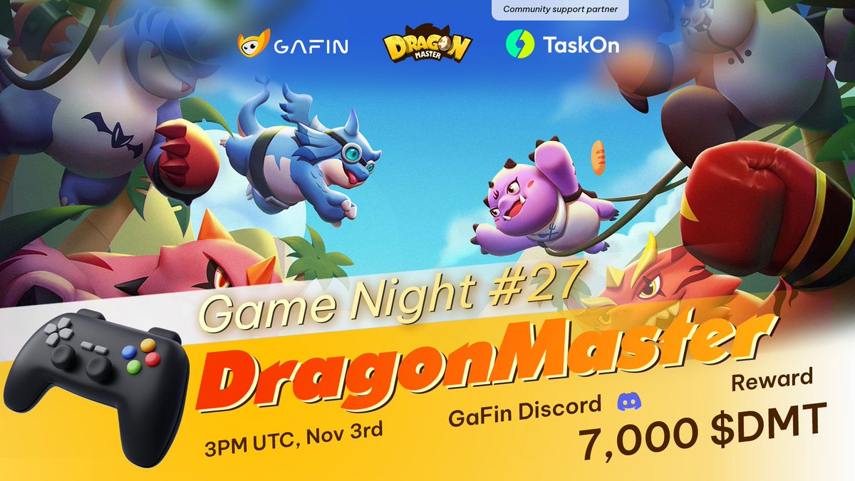Gafin_io's tweet photo. Game Night 27: Explore @dragonmaster_co and earn 7,000 $DMT ⚡

🌈 Rewards: Raffle 7,000 $DMT for 5 participants

✨ Mission:
1️⃣ Send in-game screenshot to #General_Chat of GaFin Discord when Game Night GO LIVE

2️⃣ Attach a screenshot of your Discord message on @taskonxyz https://t.co/c8Xz6AwrEg

⏰ Time: 3PM UTC, Nov 3rd

📍 Place: GaFin Discord https://t.co/0LIDEjgQSb
