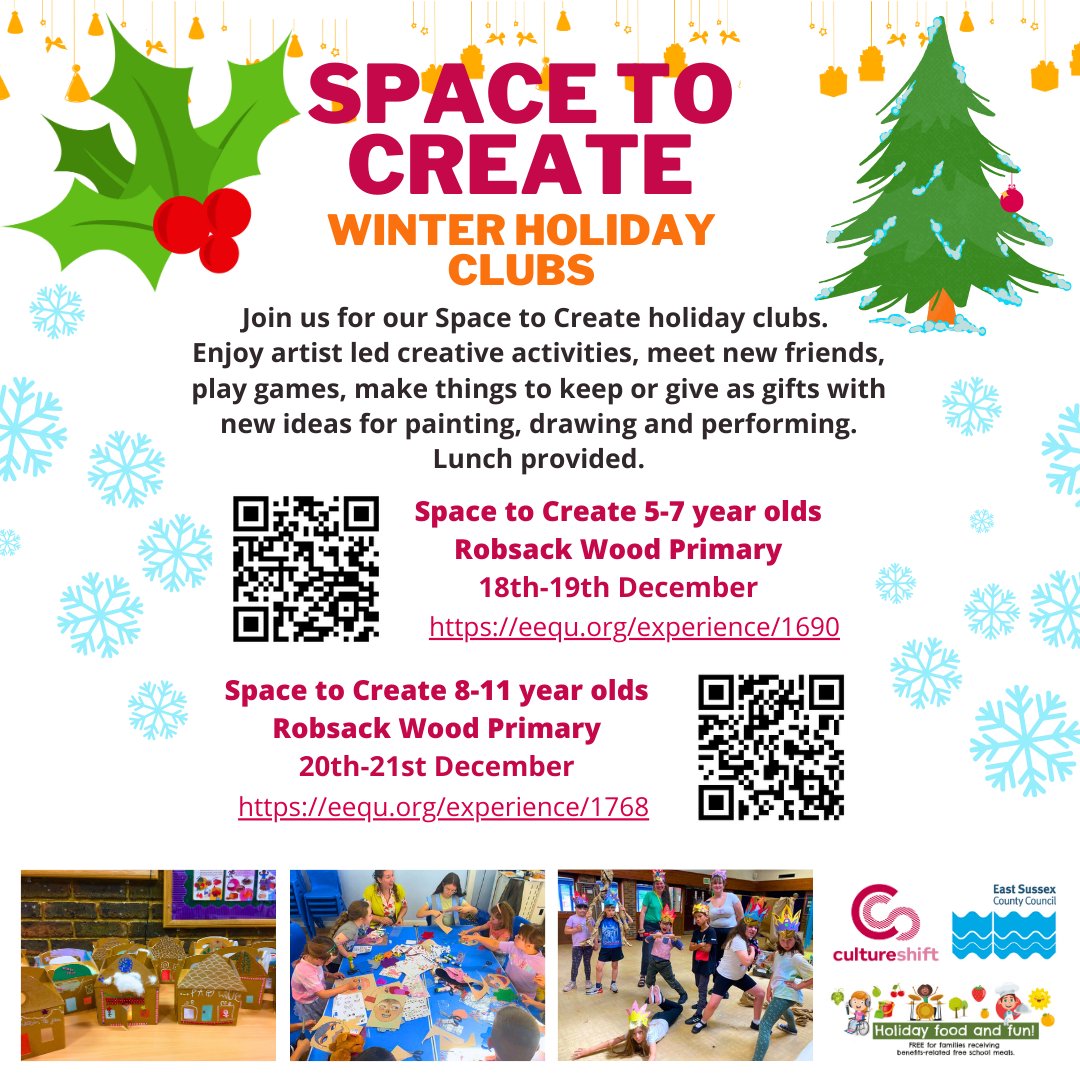 Bookings are now open for our Winter holiday clubs in Hastings for 5-7s and 8-11s, expect:

-Artist led creative activities with things to keep or give as gifts 
-Meet new friends
-Play games
-A tasty lunch

To book: eequ.org/cultureshift

<a href="/HeartOfSidley/">Heart of Sidley</a> <a href="/EastSussexCC/">East Sussex County Council</a>