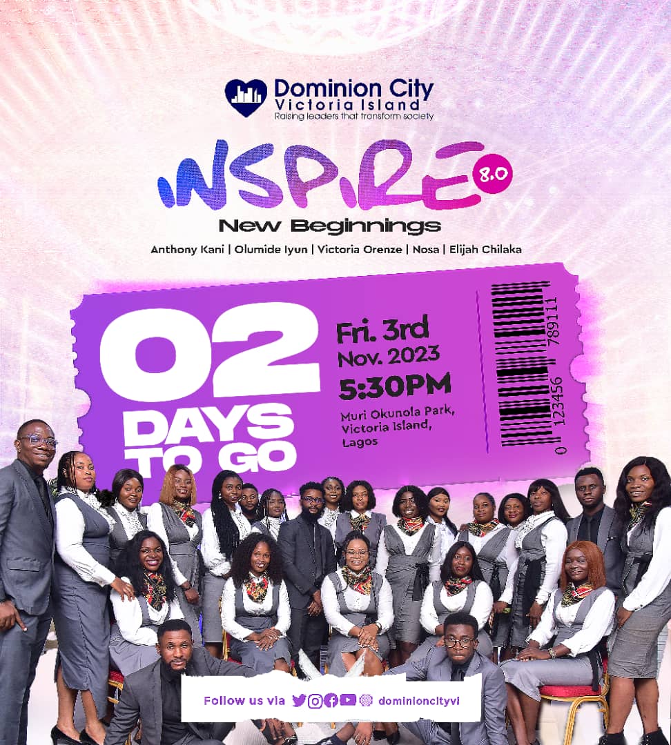 Dominioncityvi's tweet photo. #Inspire8 - a divine gathering tagged A New Beginning. Last year's edition was awesome with many testimonies but this will be better ;we shall be transformed as we #worship our Maker.

Come expectant, come with someone. 5:30pm at the Muri Okunola Park VI Lagos.

#DominionCity https://t.co/e0z8P3ndLz