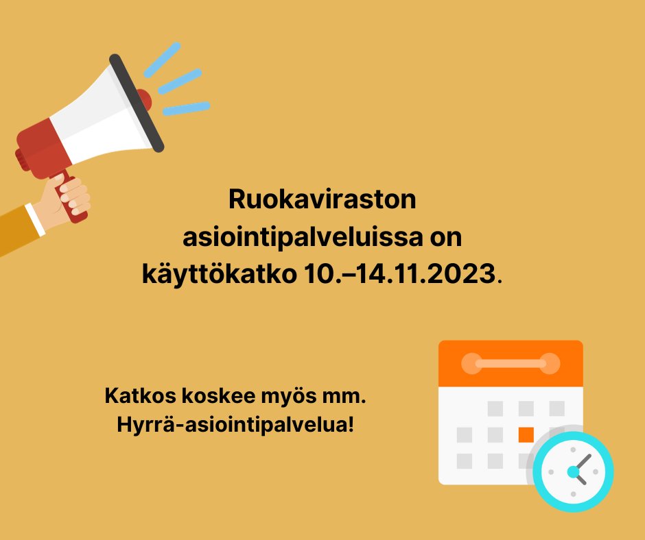 Ennakkovaroitus! 

Ruokaviraston asiointi- ja viranomaispalveluissa on tietojärjestelmien huollosta johtuva käyttökatko 10. - 14.11.2023. 

Lue tarkemmin Ruokaviraston tiedotteesta: ruokavirasto.fi/tietoa-meista/…