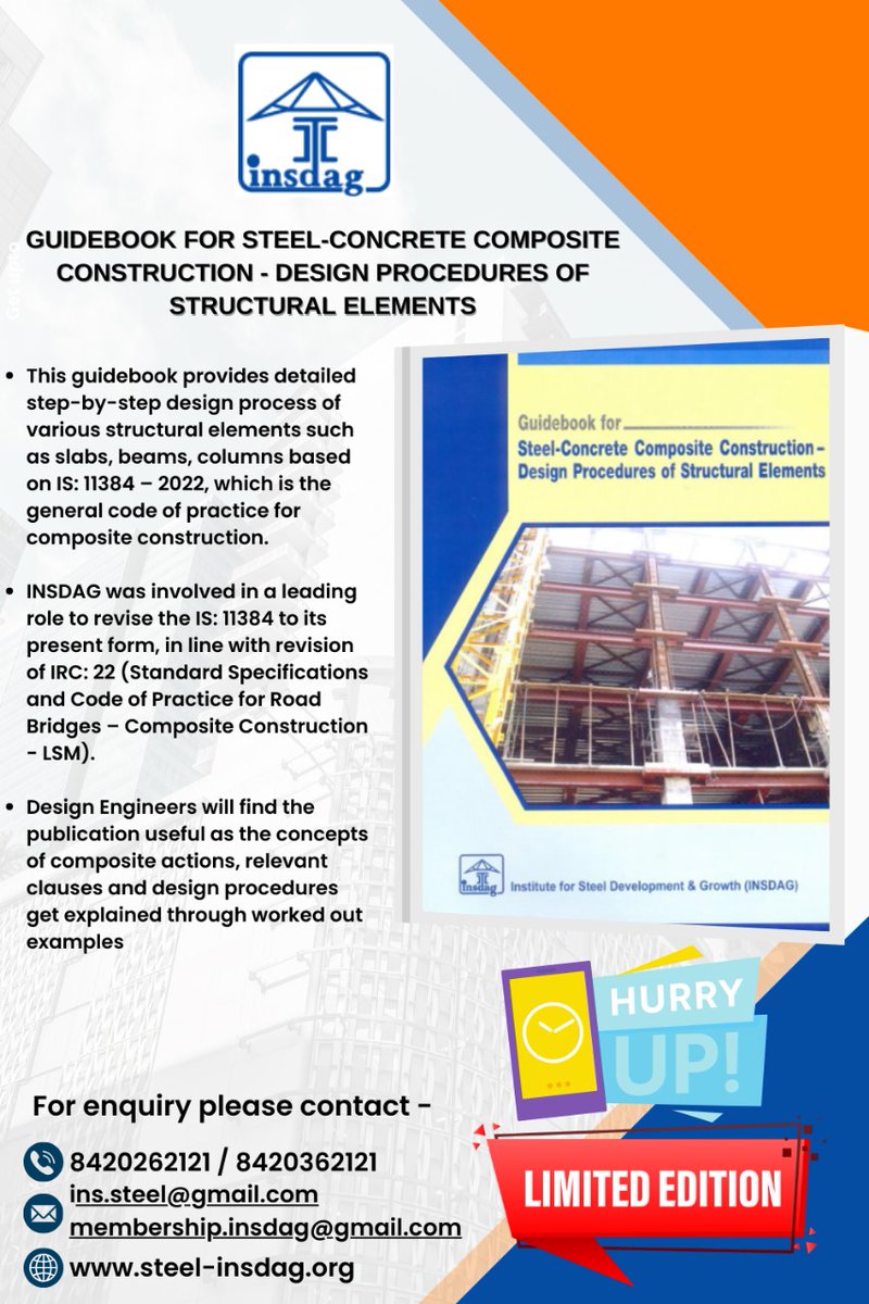 twit_insdag's tweet image. Explore our Guidebook for Steel-Concrete Composite Construction, with step-by-step design procedures as per IS: 11384-2022. INSDAG led the way in revising this code for modern needs. A must-have for Design Engineers.
#CompositeDesign #INSDAG #EngineeringGuide