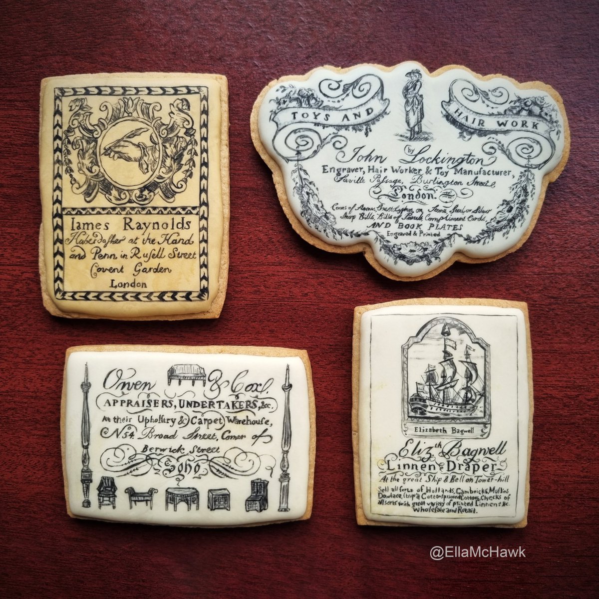 Started designing some new business cards. Got distracted by 18th-century trade cards. Made biscuit (cookie) versions of those instead. 🍪