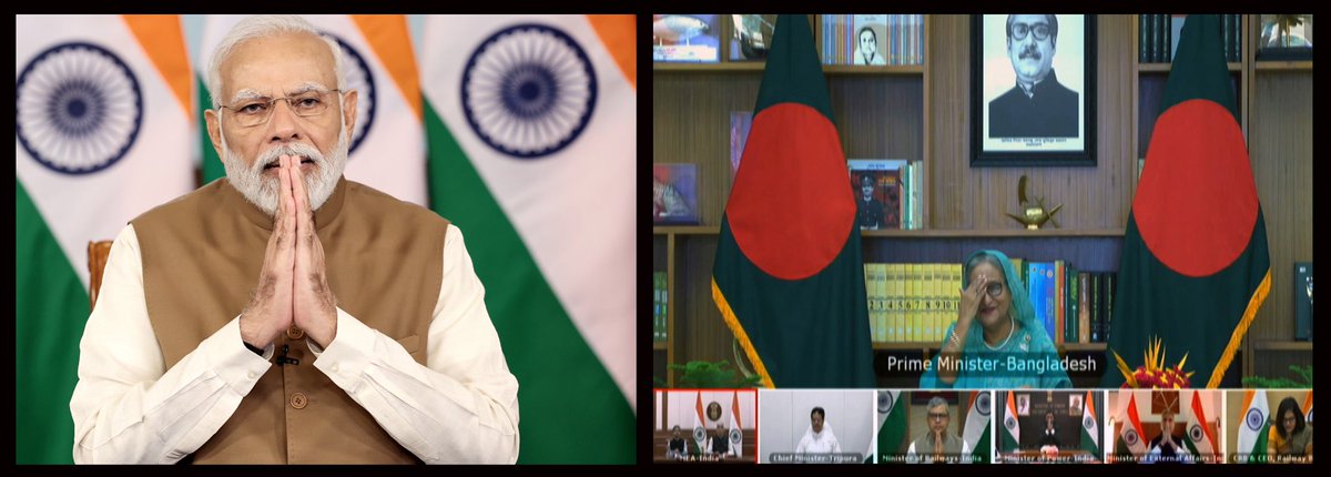 🇮🇳🇧🇩| Scripting a new chapter in connectivity! PM @narendramodi & PM Sheikh Hasina of Bangladesh jointly inaugurated three crucial infrastructure projects bolstering power and railways connectivity in the region: 🔹Akhaura-Agartala Cross-Border Rail Link 🔹Khulna-Mongla Port…